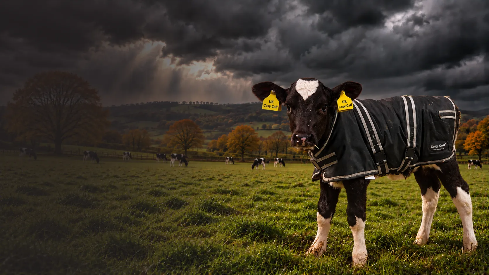 Black and white calf wearing a Cosy Calf jacket in an autumn pasture under a dark stormy sky
